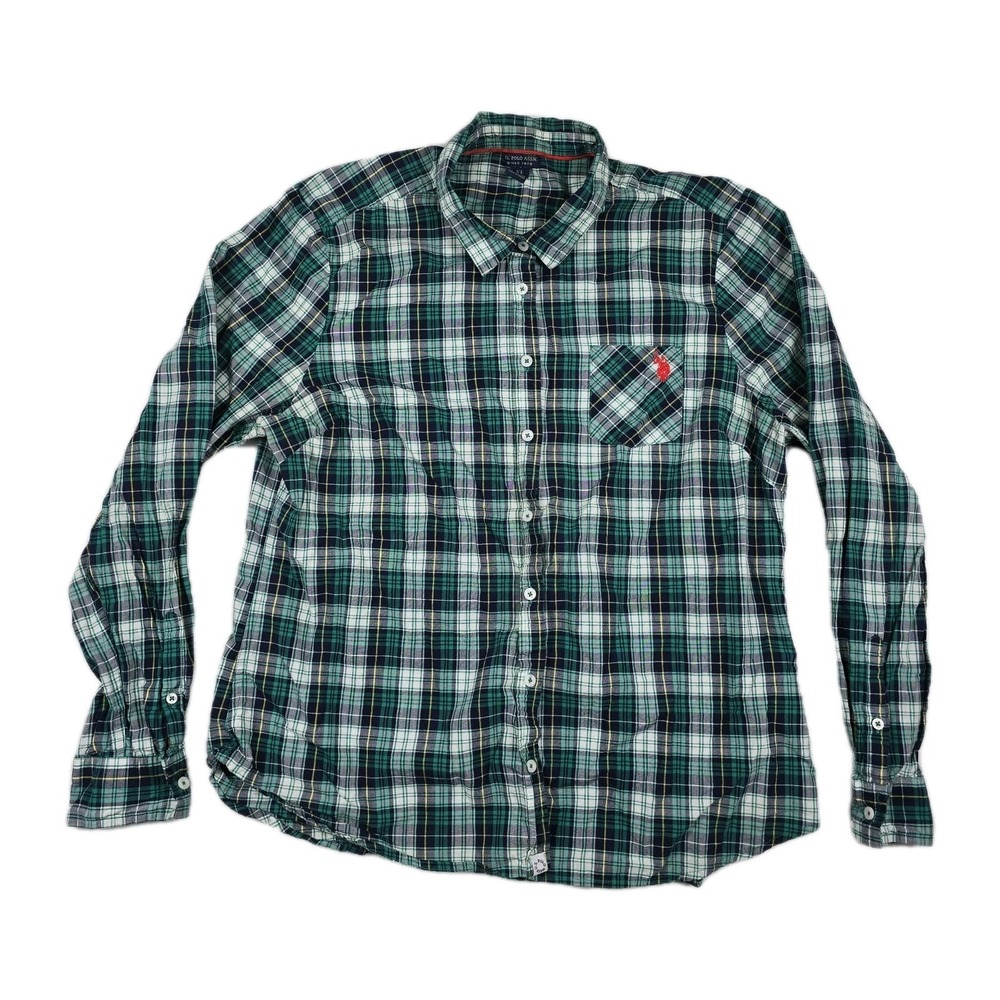 US Polo Assn Mens XL Plaid Button Down Shirt Green Blue White Cotton Long Sleeve